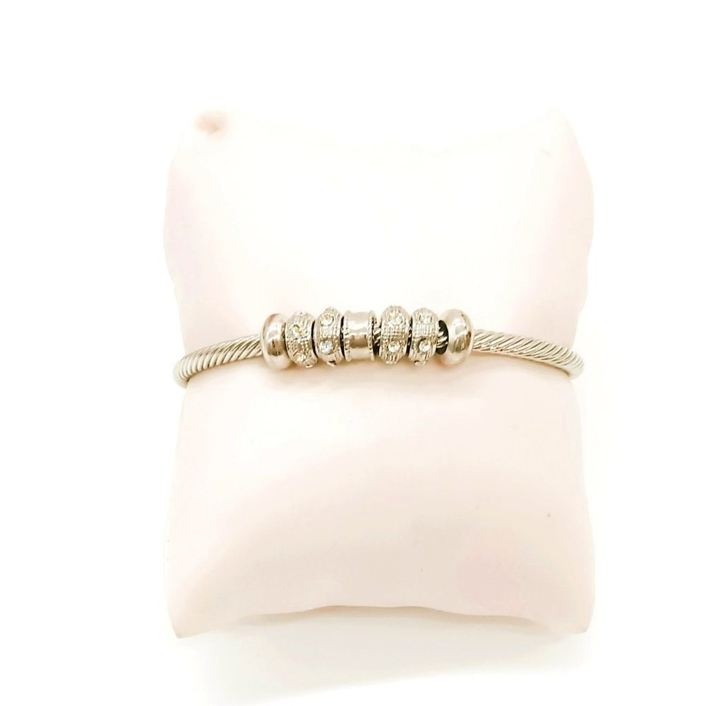 Twisted Cable Cuff Bracelet Silver & Gold Flexible Bangle with Charm Beads